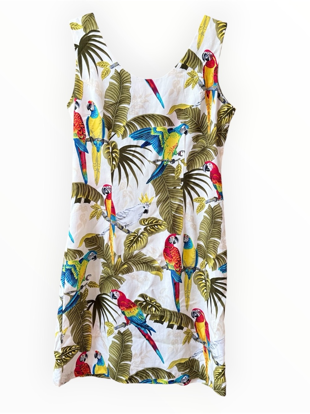 Paradise found Hawaii Tropical Parrot Print White Sleeveless Dress size small